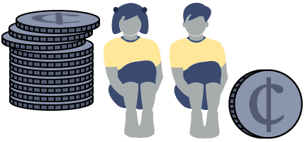 Cartoon image of a boy and girl with stacks of coins.