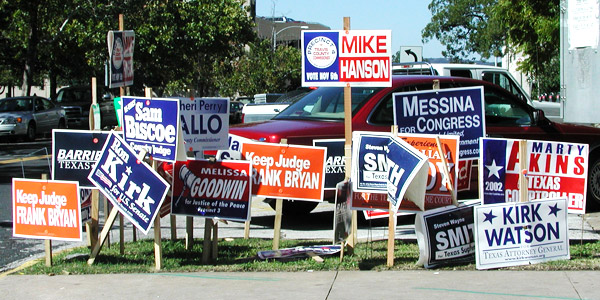 Photo of campaign signs for county and other seats.