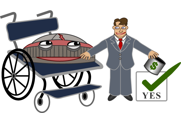 A cartoon image of a sick stadium in a wheelchair with a politician by its side asking for money.