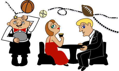 A cartoon image of a well-dressed couple avoiding a zooming baseball and football while a waiter gets hit by a basketball.