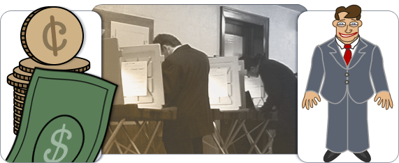 Illustration of a voter deciding between economics or power.