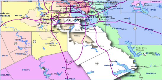 Congressional Districts in Dallas-Fort Worth Metroplex, 1996-2001. Click for full-size PDF.