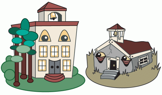 Cartoon image of a brand new schoolhouse and a deteriorating schoolhouse.